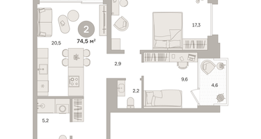 2-к. квартира, 74 м²