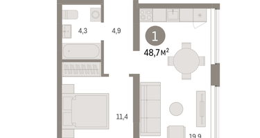 1-к. квартира, 48 м²