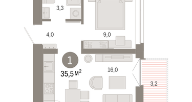 1-к. квартира, 35 м²