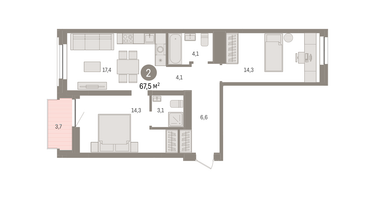 2-к. квартира, 67&nbsp;м²