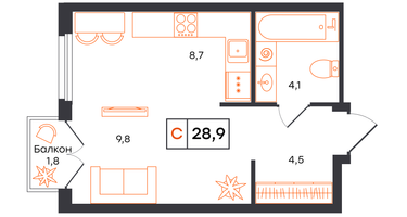 Студия, 28&nbsp;м²
