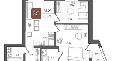 3-к. квартира, 53 м²