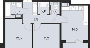 2-к. квартира, 54&nbsp;м²