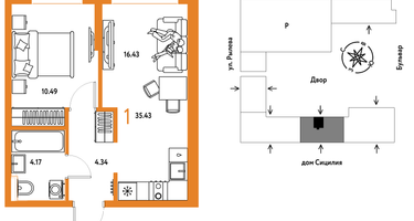 1-к. квартира, 35 м²