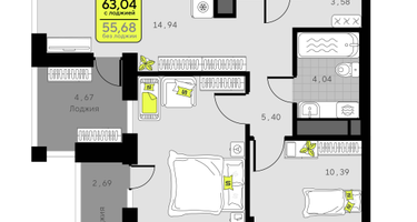 2-к. квартира, 63&nbsp;м²