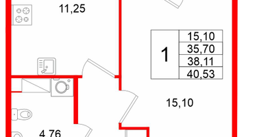 1-к. квартира, 38&nbsp;м²