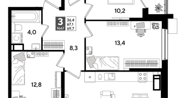 3-к. квартира, 69 м²