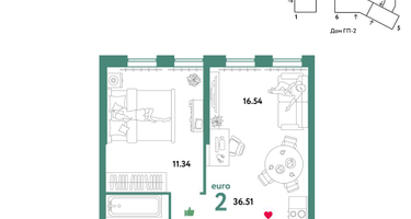 2-к. квартира, 36&nbsp;м²