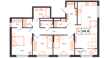 3-к. квартира, 94&nbsp;м²