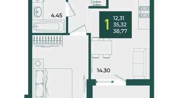 1-к. квартира, 38&nbsp;м²