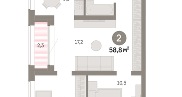 2-к. квартира, 58 м²
