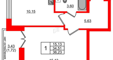 1-к. квартира, 36&nbsp;м²