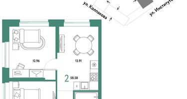 2-к. квартира, 58 м²