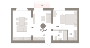 1-к. квартира, 57&nbsp;м²