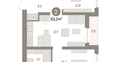 2-к. квартира, 63&nbsp;м²
