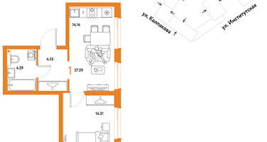 1-к. квартира, 37&nbsp;м²