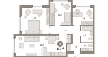 3-к. квартира, 80&nbsp;м²