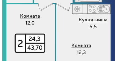 2-к. квартира, 43&nbsp;м²