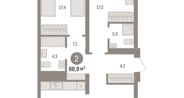 2-к. квартира, 88&nbsp;м²