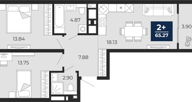 2-к. квартира, 65&nbsp;м²
