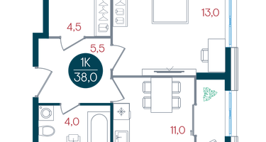 1-к. квартира, 38 м²