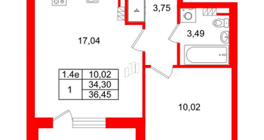 1-к. квартира, 34&nbsp;м²