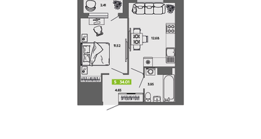 Студия, 34&nbsp;м²