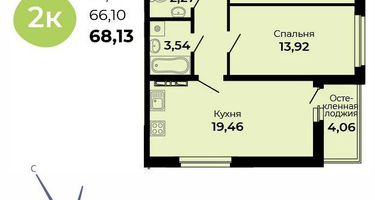 2-к. квартира, 68&nbsp;м²