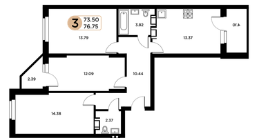 3-к. квартира, 75&nbsp;м²