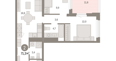 2-к. квартира, 71 м²