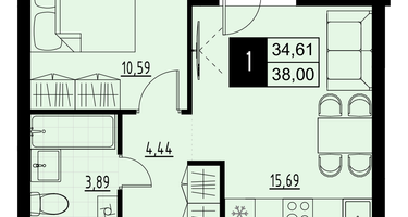 1-к. квартира, 36&nbsp;м²