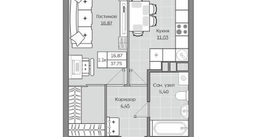 1-к. квартира, 37&nbsp;м²