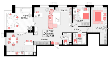 3-к. квартира, 98&nbsp;м²