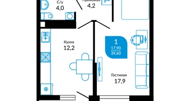 1-к. квартира, 40&nbsp;м²
