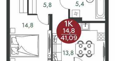 1-к. квартира, 41 м²