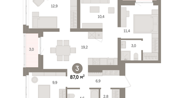 3-к. квартира, 87 м²
