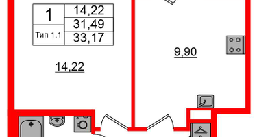 1-к. квартира, 31&nbsp;м²