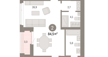 2-к. квартира, 84 м²