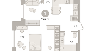 1-к. квартира, 45&nbsp;м²