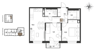 2-к. квартира, 55&nbsp;м²