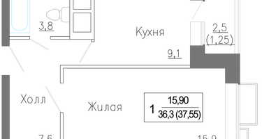 1-к. квартира, 38 м²