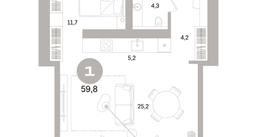 1-к. квартира, 59&nbsp;м²