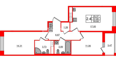 2-к. квартира, 57&nbsp;м²