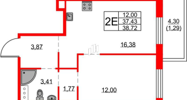 1-к. квартира, 38&nbsp;м²