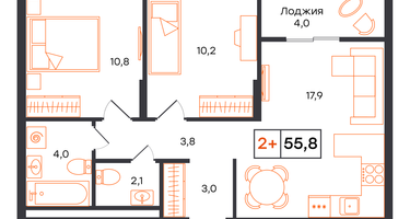 2-к. квартира, 55&nbsp;м²