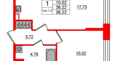 1-к. квартира, 36 м²