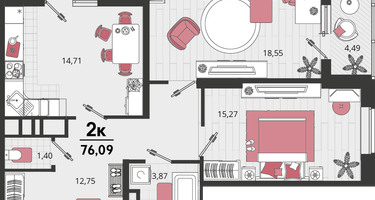 2-к. квартира, 76&nbsp;м²