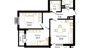 2-к. квартира, 64&nbsp;м²