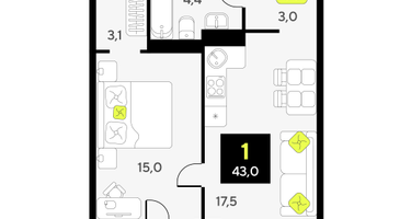 1-к. квартира, 43 м²