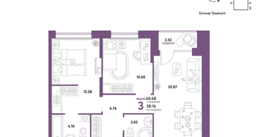 3-к. квартира, 60&nbsp;м²